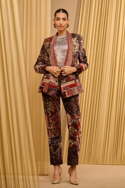 Tarun Tahiliani Printed Velvet Co-Ord Set Brown Multi indian designer wear online shopping melange singapore