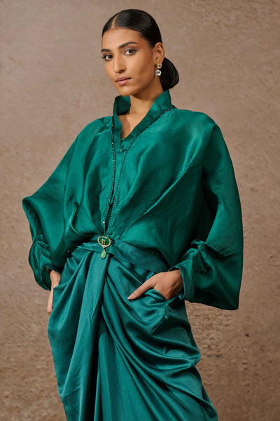 Tarun Tahiliani Ruched Top And Trouser Co-Ord Set Emerald indian designer wear online shopping melange singapore