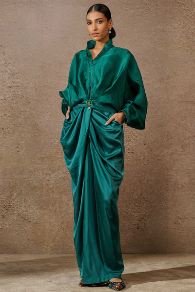 Tarun Tahiliani Ruched Top And Trouser Co-Ord Set Emerald indian designer wear online shopping melange singapore