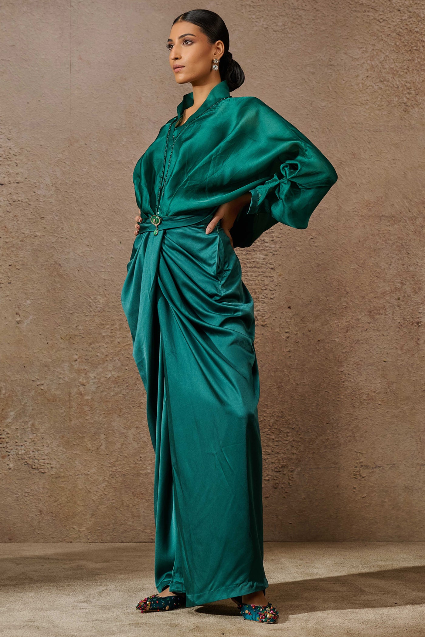 Tarun Tahiliani Ruched Top And Trouser Co-Ord Set Emerald indian designer wear online shopping melange singapore