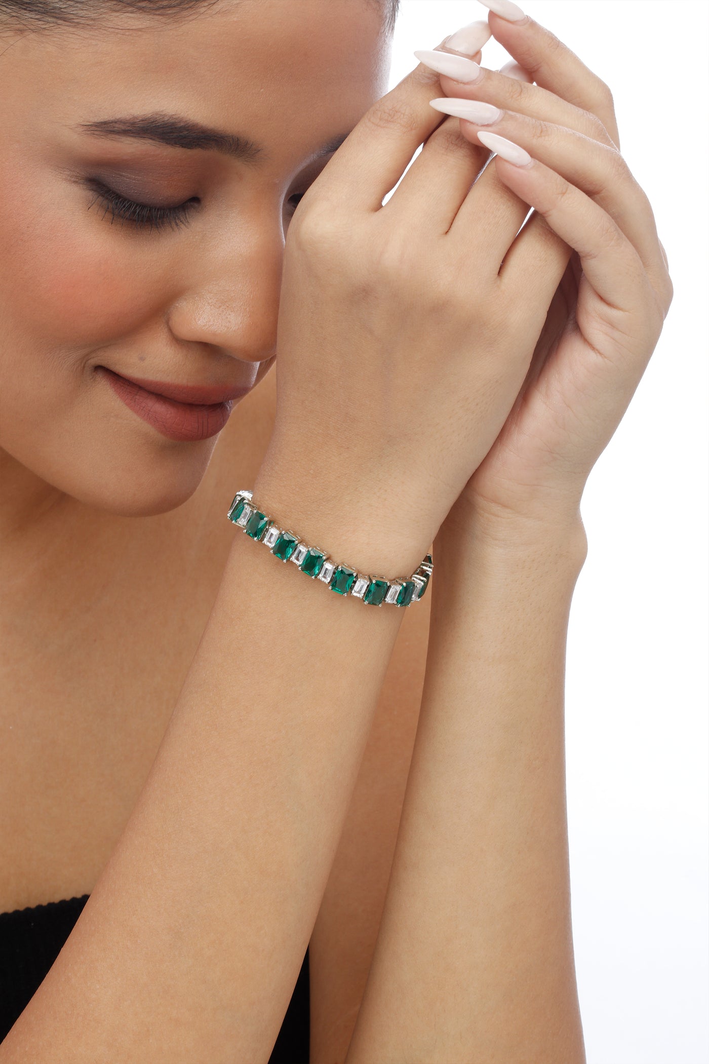 Tesoro Green And White Emerald Cut Swarovski Bracelet indian designer wear online shopping melange singapore