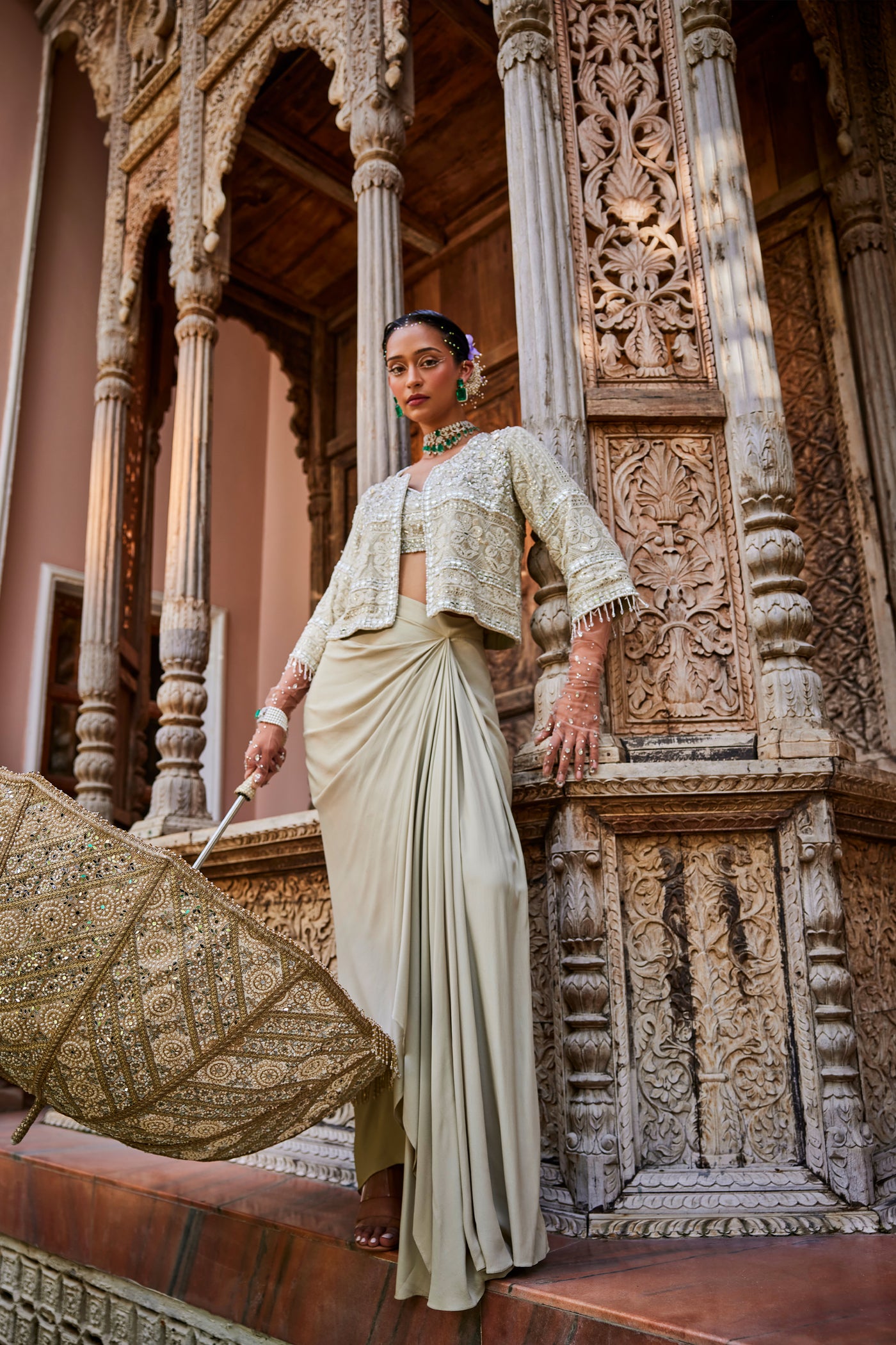 The Story Brand Kate Cropped Jacket With Bustier And Draped Skirt indian designer wear online shopping melange singapore