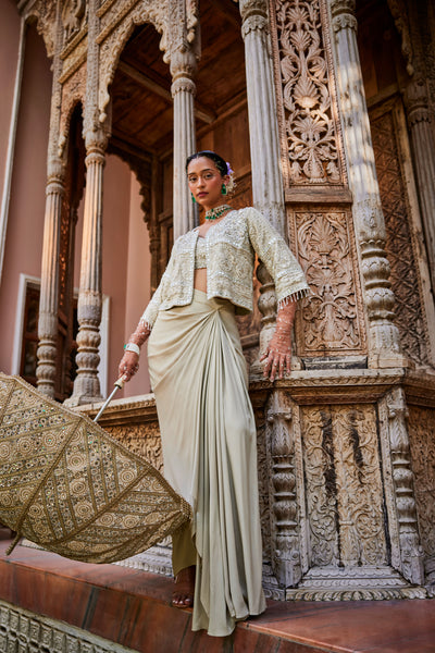 The Story Brand Kate Cropped Jacket With Bustier And Draped Skirt indian designer wear online shopping melange singapore