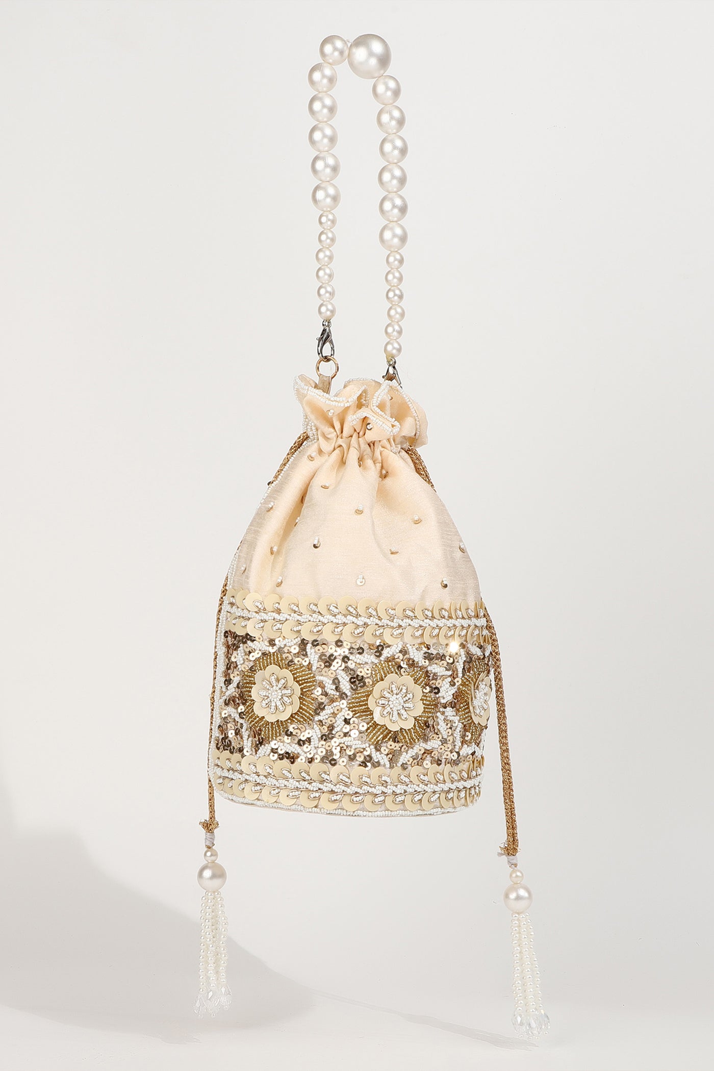 The Tan Clan Ama Gold Potli Bag With Pearl Handleindian designer wear online shopping melange singapore