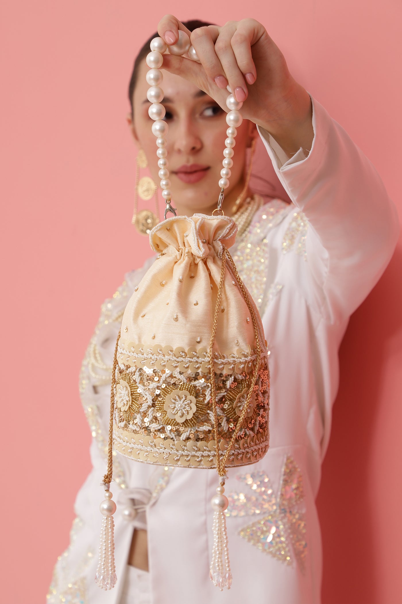 The Tan Clan Ama Gold Potli Bag With Pearl Handleindian designer wear online shopping melange singapore