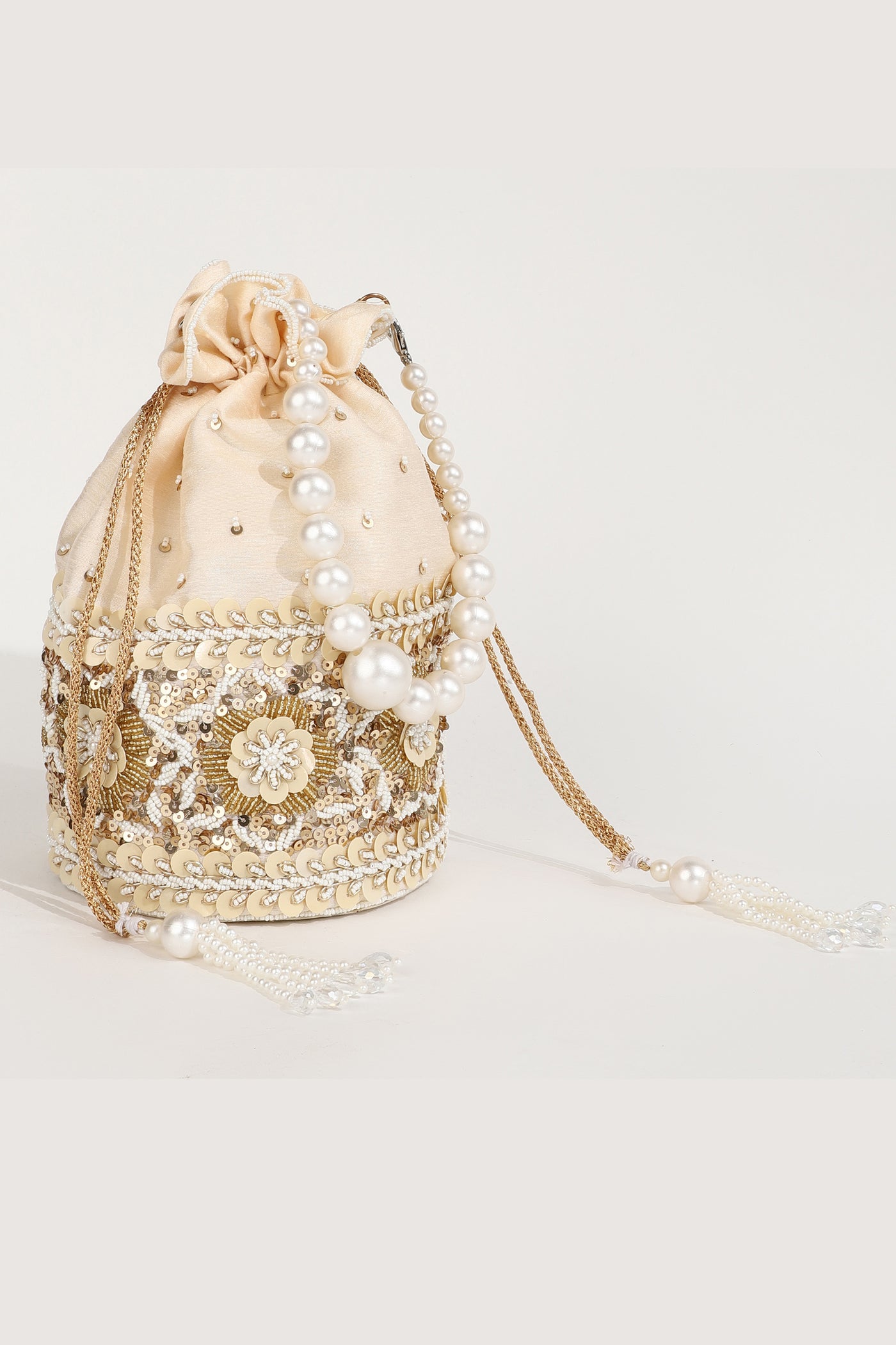 The Tan Clan Ama Gold Potli Bag With Pearl Handleindian designer wear online shopping melange singapore