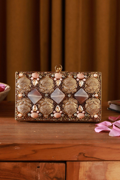 The Tan Clan Arya Embellished Brass Clutch Womenswear Indian Designer Wear Online Shopping Melange Singapore Gold