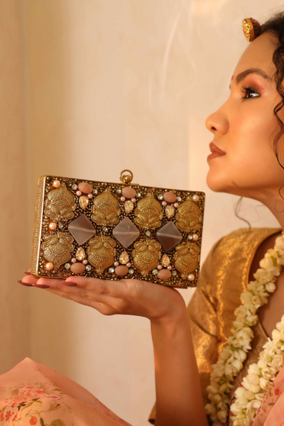 The Tan Clan Arya Embellished Brass Clutch Womenswear Indian Designer Wear Online Shopping Melange Singapore Gold