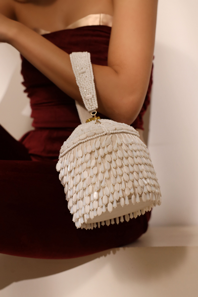 The Tan Clan Bella Round Embellished Bag with Handle White Womenswear Melange Singapore Online Shopping