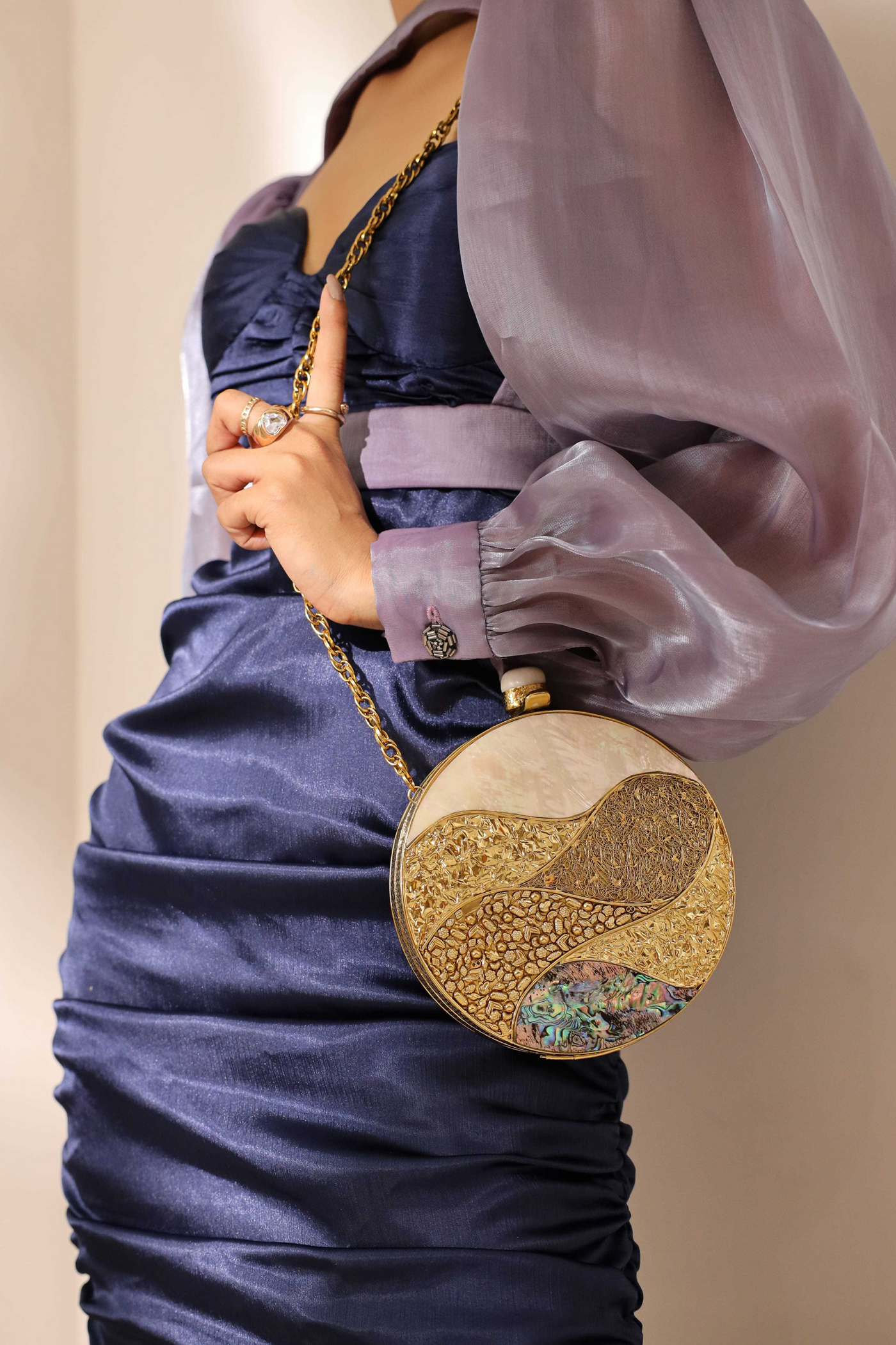 The Tan Clan Crescent Round Mother of Pearl Clutch Gold Womenswear Indian Designer Wear Online Shopping Melange Singapore