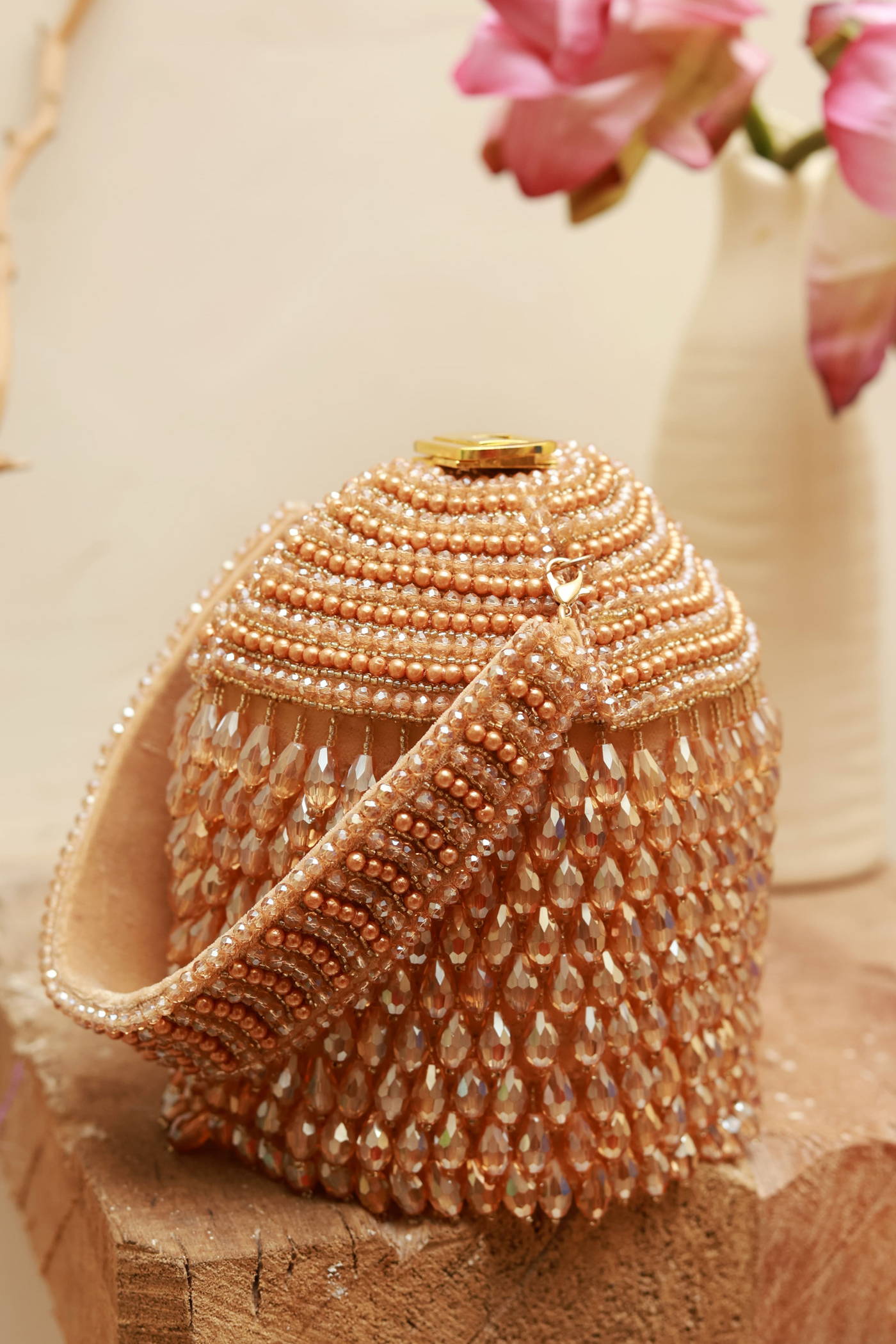 The Tan Clan Emma Round Embellished Bag with Handle Womenswear Gold Indian Designer Wear Melange Singapore Online Shopping