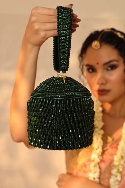 The Tan Clan Emma Round Embellished Bag with Handle Womenswear Green Indian Designer Wear Melange Singapore Online Shopping