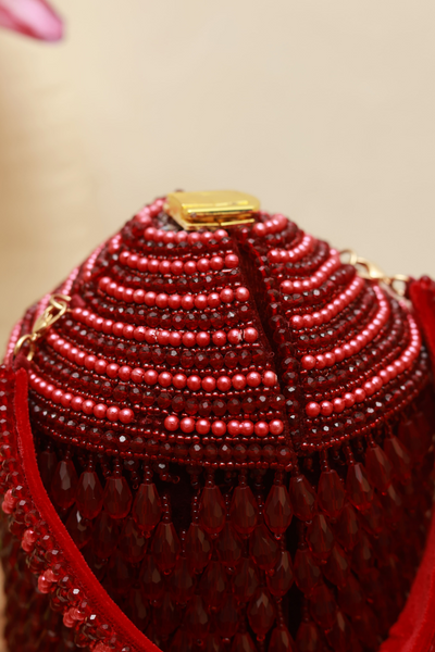 The Tan Clan Emma Round Embellished Bag with Handle Red Womenswear Indian Designer Wear Melange Singapore Online Shopping