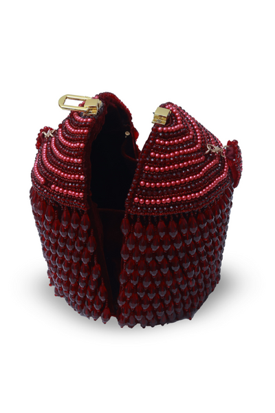 The Tan Clan Emma Round Embellished Bag with Handle Red Womenswear Indian Designer Wear Melange Singapore Online Shopping