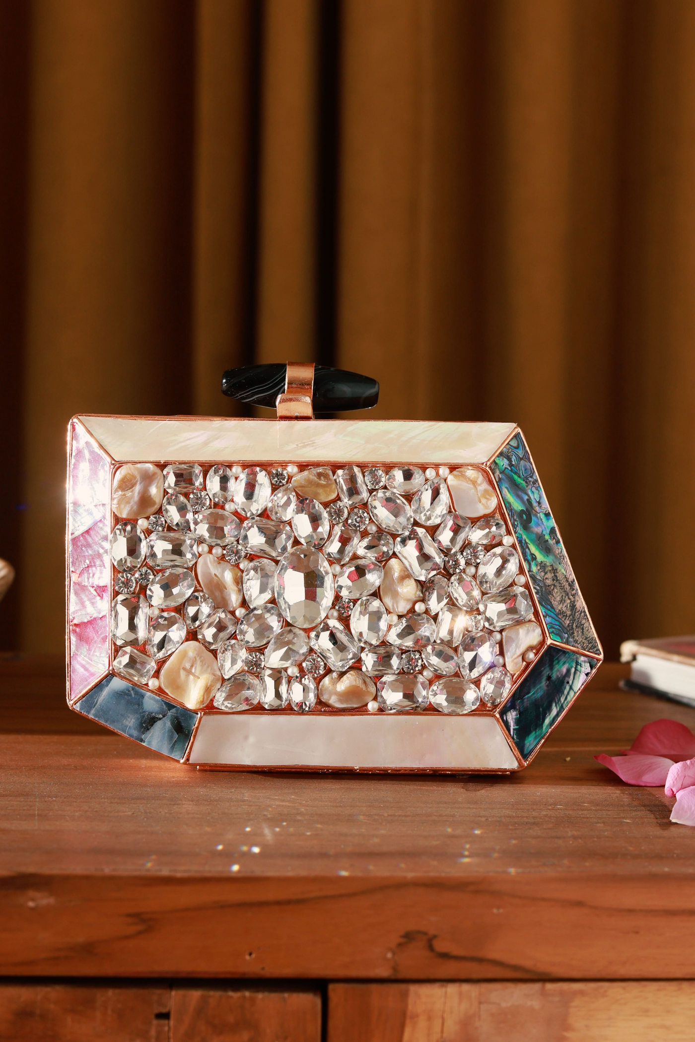 The Tan Clan Hannah Embellished Mother of Pearl Clutch Womenswear Gold Melange Singapore Online Shopping Gifting