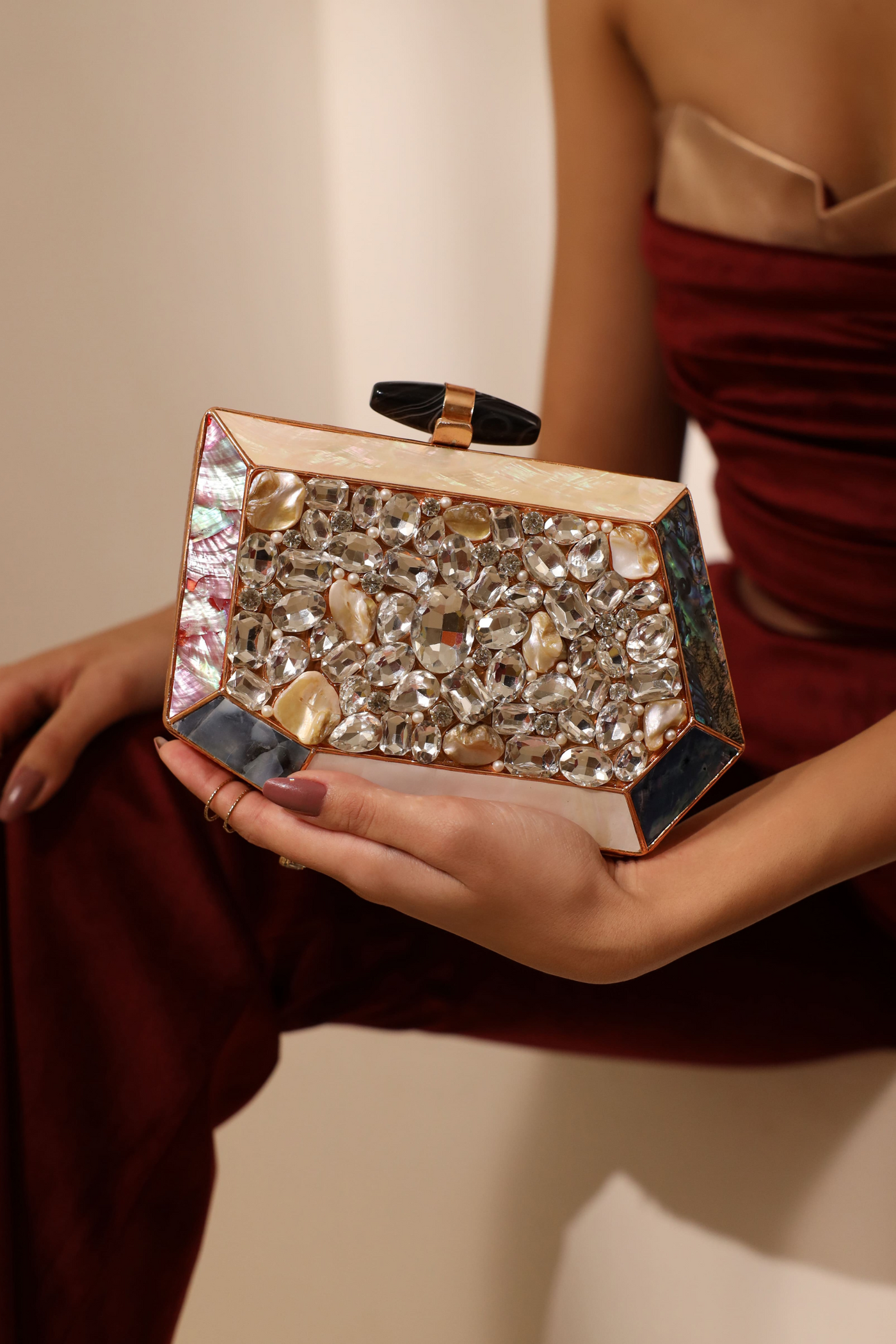 The Tan Clan Hannah Embellished Mother of Pearl Clutch Womenswear Gold Melange Singapore Online Shopping Gifting