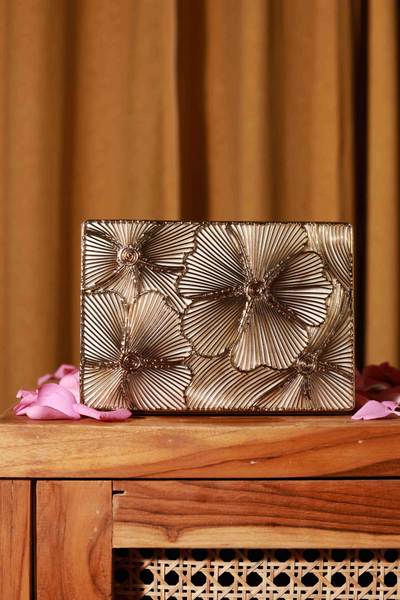 The Tan Clan Isa Mother of Pearl Clutch Womenswear Gold Melange Singapore Indian Designer Wear Online Shopping