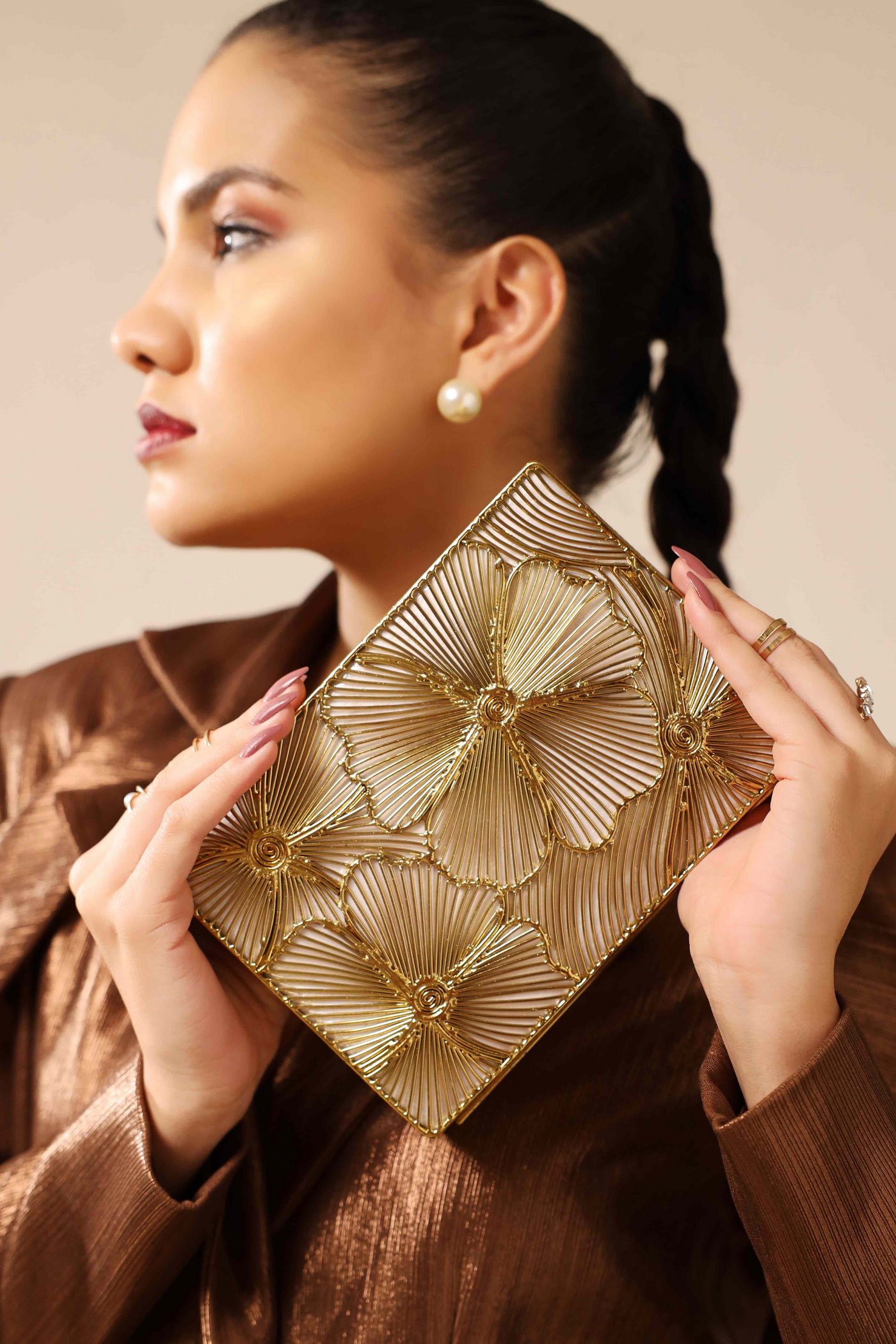 The Tan Clan Isa Mother of Pearl Clutch Womenswear Gold Melange Singapore Indian Designer Wear Online Shopping