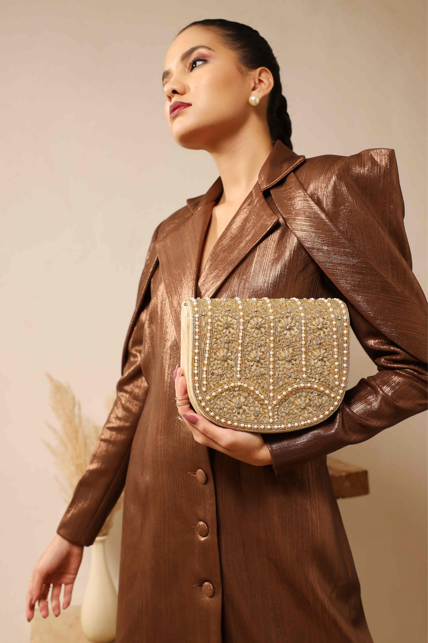 The Tan Clan Kavya Beige Flap Over Bag with Handle Womenswear Indian Designer Wear Melange Singapore Gifting