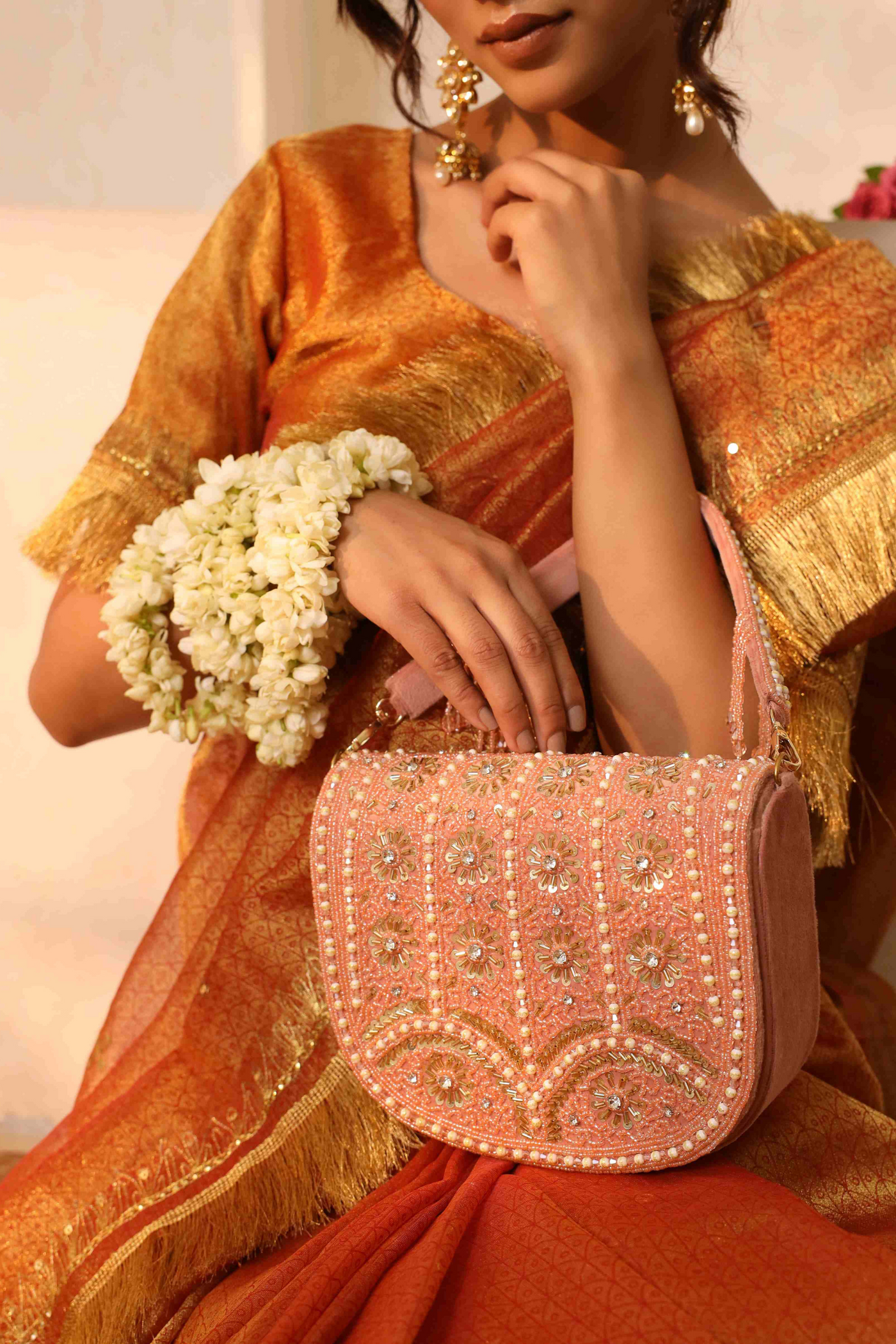 The Tan Clan Kavya Pink Flap Over Bag with Handle Womenswear Indian Designer Wear Melange Singapore Gifting