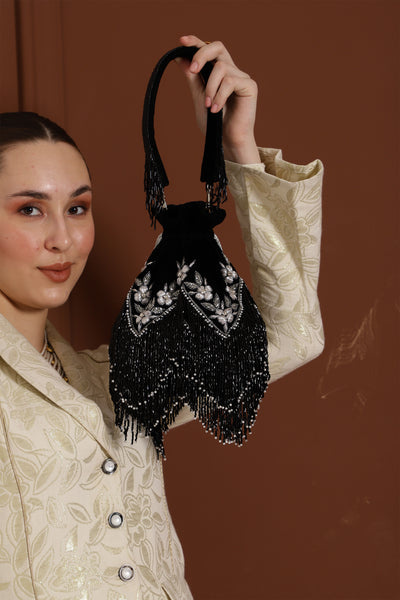 The Tan Clan Keisha Black Tassle Potli With Handle indian designer wear online shopping melange singapore