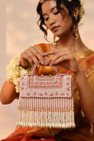 The Tan Clan Kiara Pink Flap Over Bag with Handle Womenswear Indian Designer Wear Melange Singapore Online Shopping