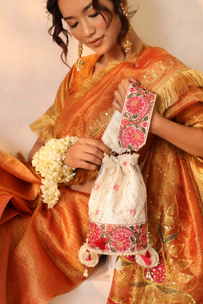 The Tan Clan Meera Potli with Detachable Handle White Indian Designer Wear Melange Singapore Gifting Womenswear