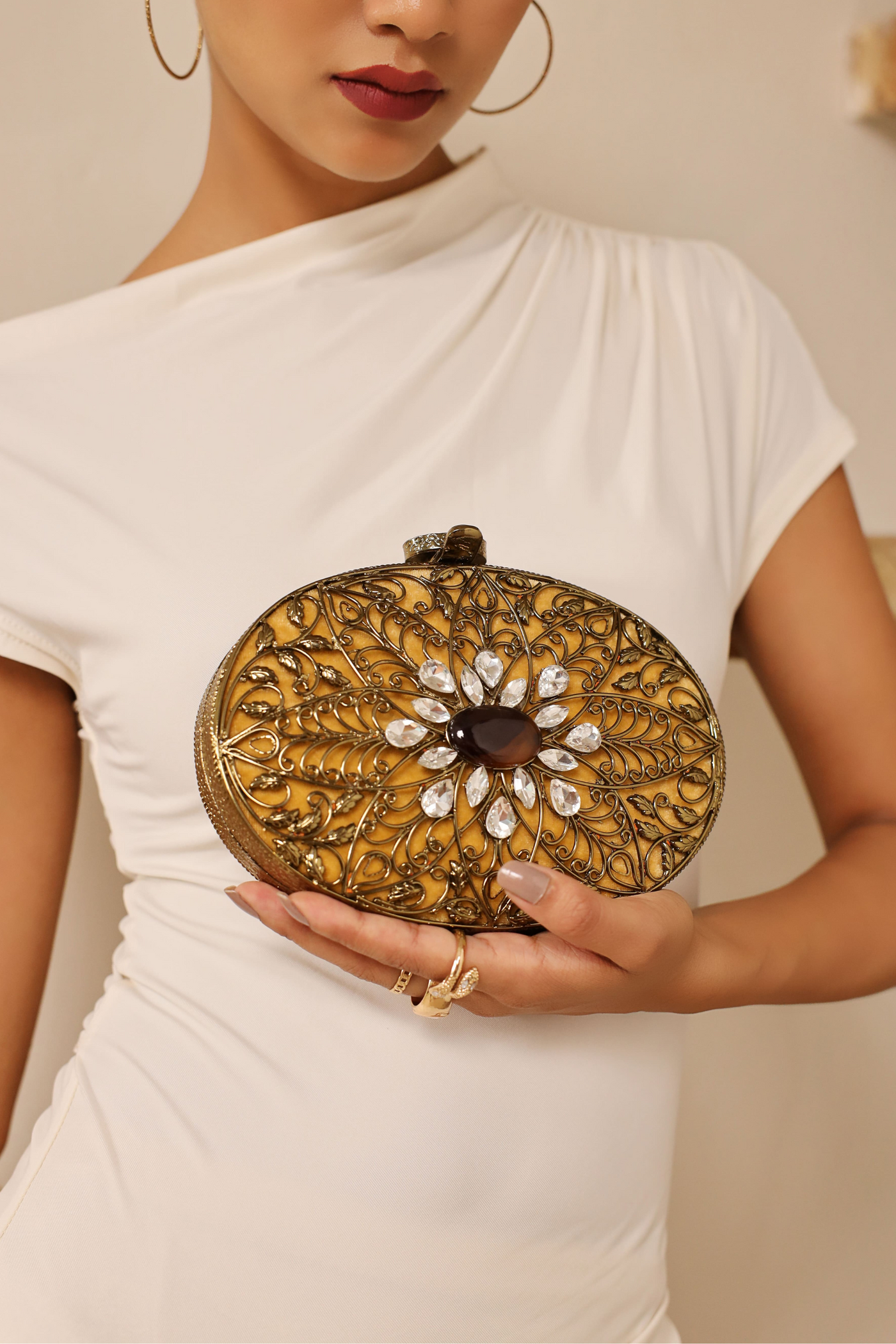 The Tan Clan Mirza Intricate Embellished Brass Clutch Womenswear Melange Singapore Online Shopping Gold