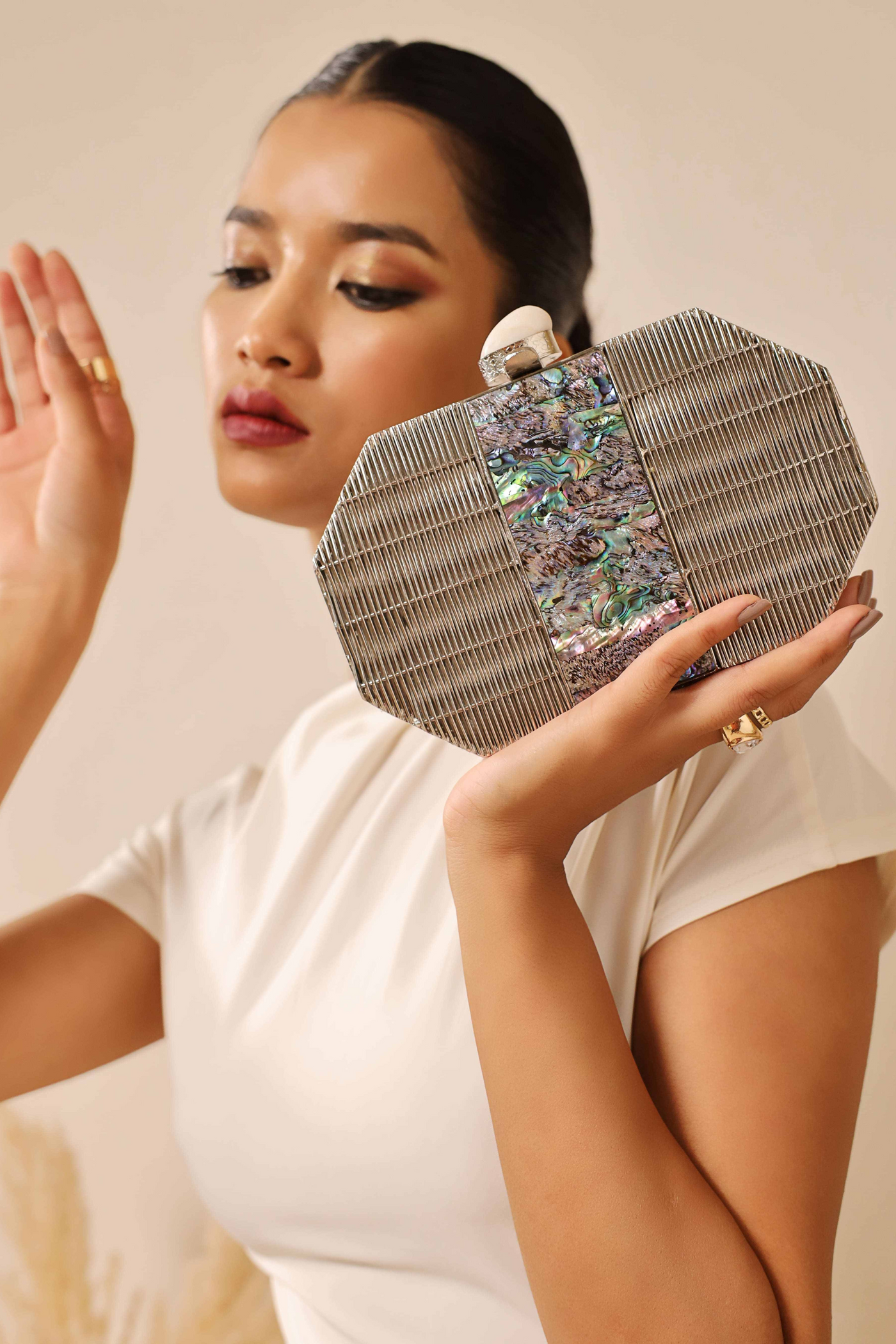 The Tan Clan Misha Silver Mother of Pearl Clutch Womenswear Melange Singapore Online Shopping Indian Designer Wear Gifting