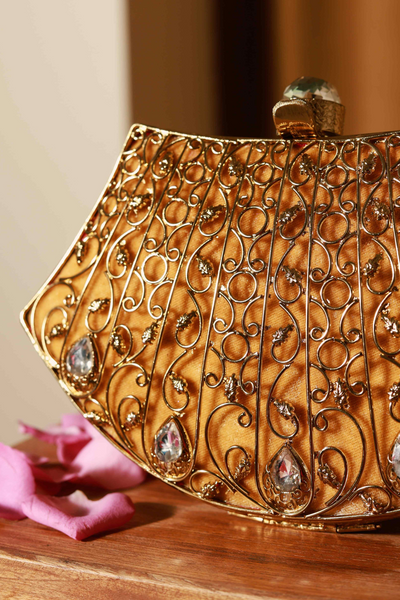 The Tan Clan Nitya Intricate Embellished Brass Clutch Womenswear Gold Indian Designer Wear Online Shopping Melange Singapore