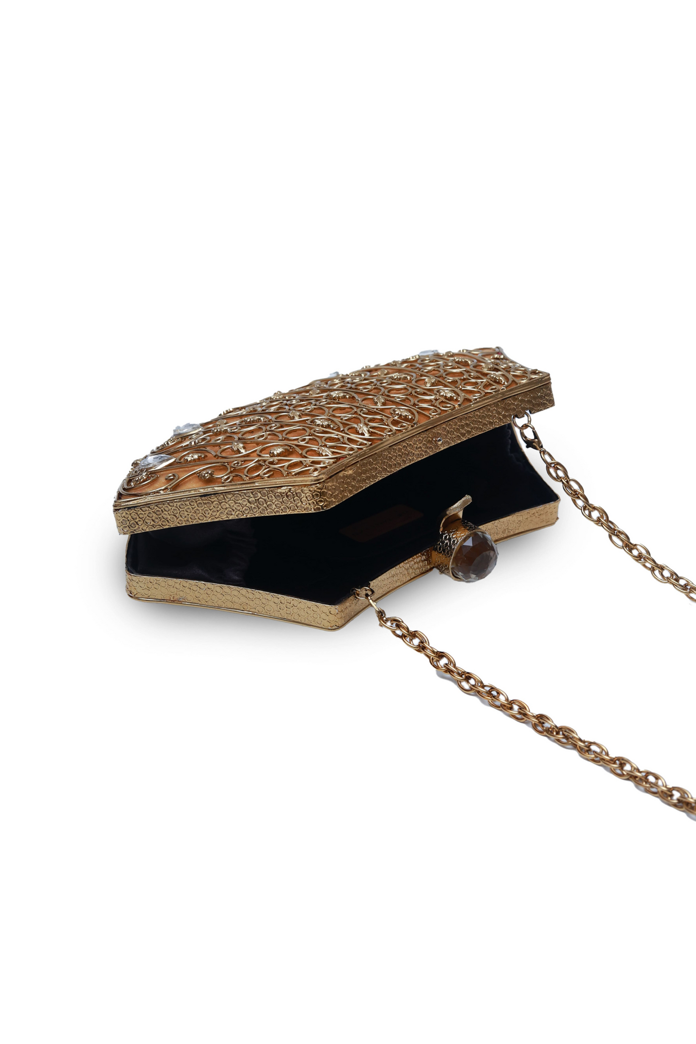 The Tan Clan Nitya Intricate Embellished Brass Clutch Womenswear Gold Indian Designer Wear Online Shopping Melange Singapore