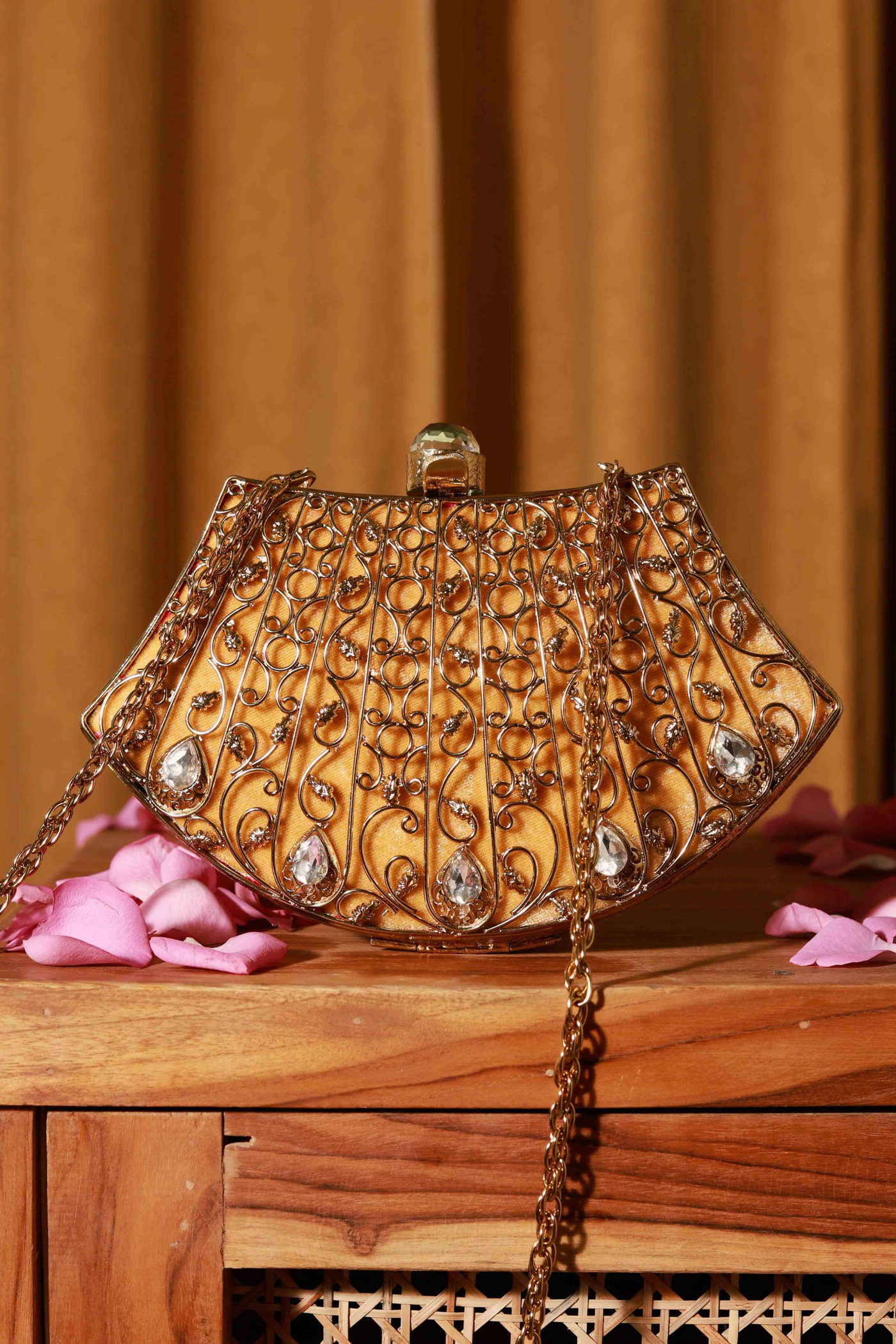 The Tan Clan Nitya Intricate Embellished Brass Clutch Womenswear Gold Indian Designer Wear Online Shopping Melange Singapore