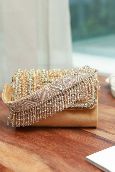 The Tan Clan Nysa Embellished Flap Over Clutch Bag Melange Singapore Indian Designer Wear Womenswear Gold