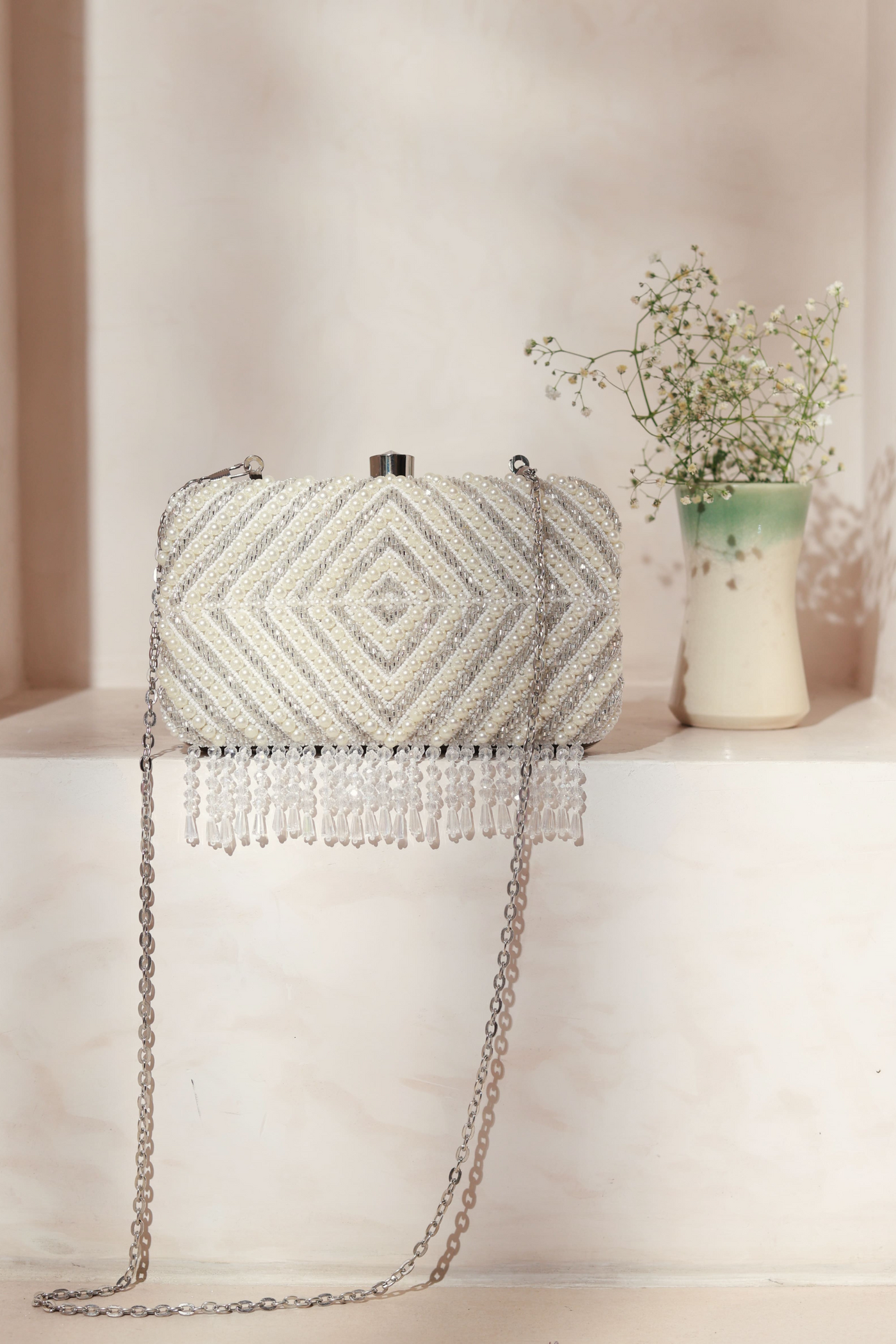 The Clan Tan Pearly Silver Tasselled Embroidered Clutch Indian Designer Wear Online Shopping Gifting Melange Singapore Womenswear