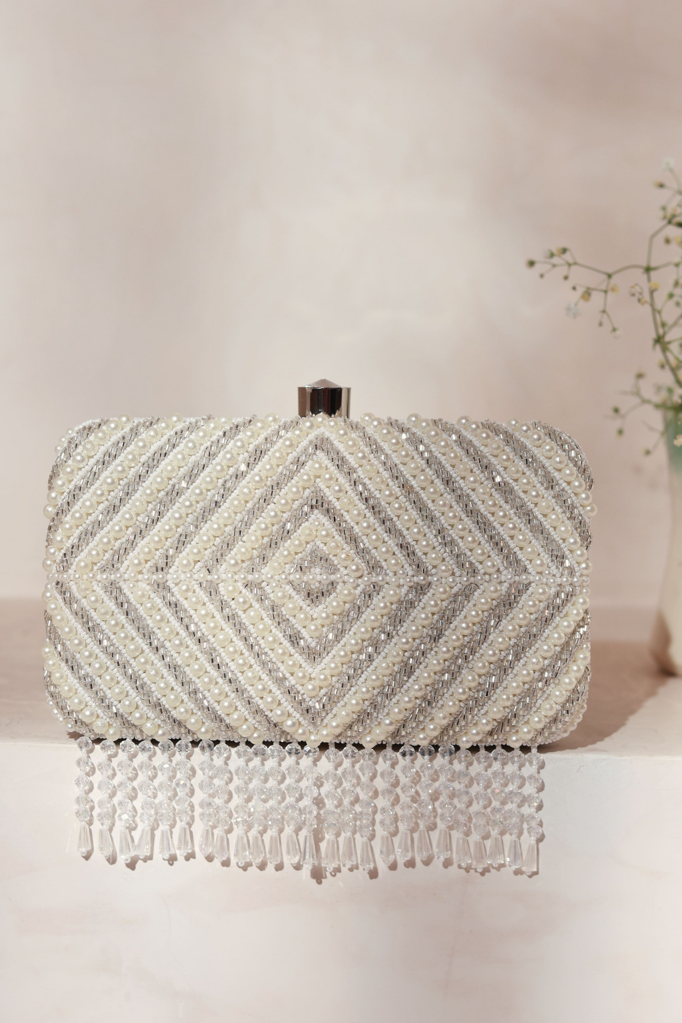 The Clan Tan Pearly Silver Tasselled Embroidered Clutch Indian Designer Wear Online Shopping Gifting Melange Singapore Womenswear