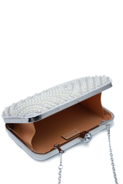 The Clan Tan Pearly Silver Tasselled Embroidered Clutch Indian Designer Wear Online Shopping Gifting Melange Singapore Womenswear