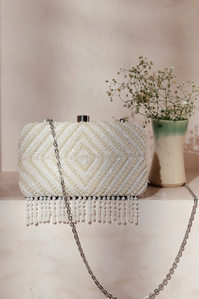 The Tan Clan Pearly White Tasselled Embroidered Clutch Melange Singapore Online Shopping Gifting Womenswear