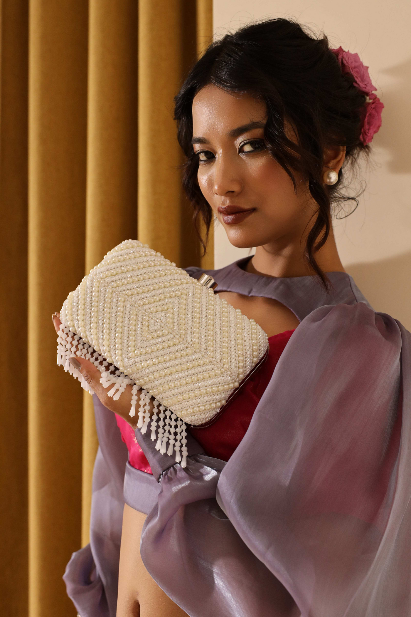 The Tan Clan Pearly White Tasselled Embroidered Clutch Melange Singapore Online Shopping Gifting Womenswear