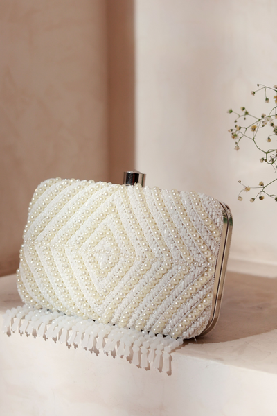 The Tan Clan Pearly White Tasselled Embroidered Clutch Melange Singapore Online Shopping Gifting Womenswear