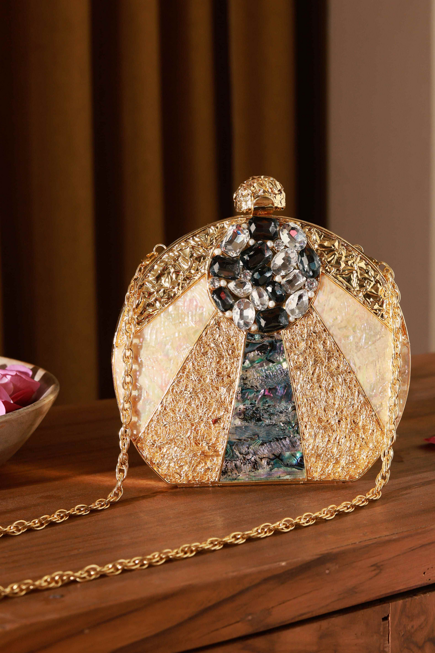 The Tan Clan Roma Round Embellished Mother of Pearl Clutch Gold Womenswear Online Shopping Melange Singapore Gifting