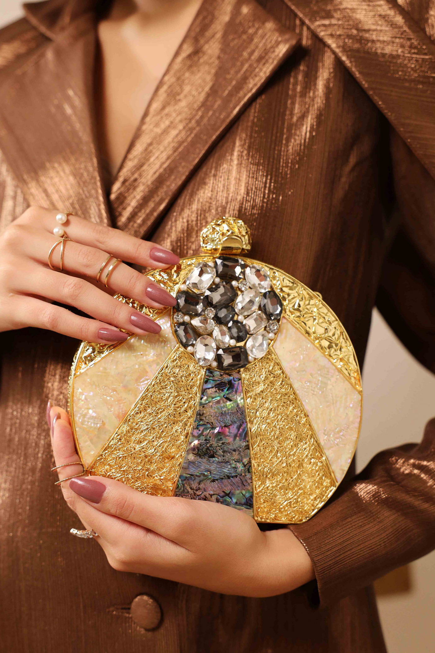 The Tan Clan Roma Round Embellished Mother of Pearl Clutch Gold Womenswear Online Shopping Melange Singapore Gifting