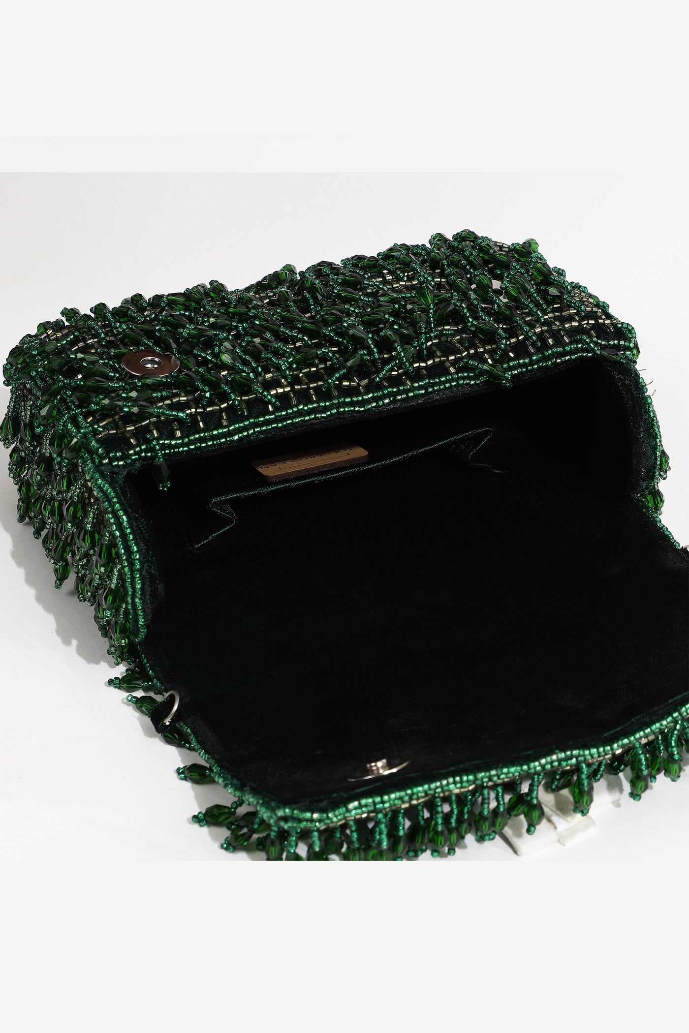 The Tan Clan Rosa Emerald Beaded Flap Over Clutch Bag indian designer wear online shopping melange singapore