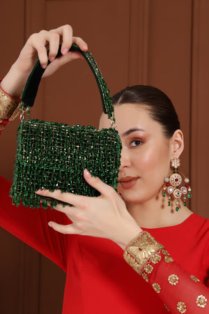 The Tan Clan Rosa Emerald Beaded Flap Over Clutch Bag indian designer wear online shopping melange singapore