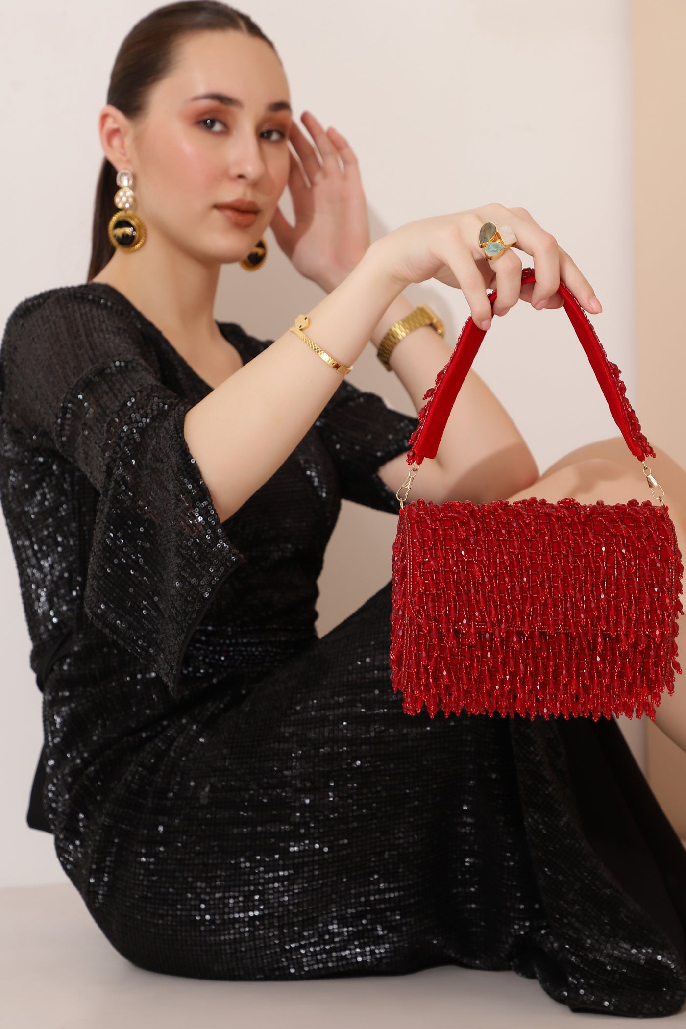 The Tan Clan Rosa Red Beaded Flap Over Clutch Bag indian designer wear online shopping melange singapore