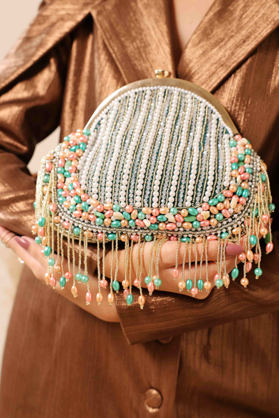 The Tan Clan Sona Pearl Tasselled Batua with Detachable Handle Green Online Shopping Melange Singapore Potli Gifting