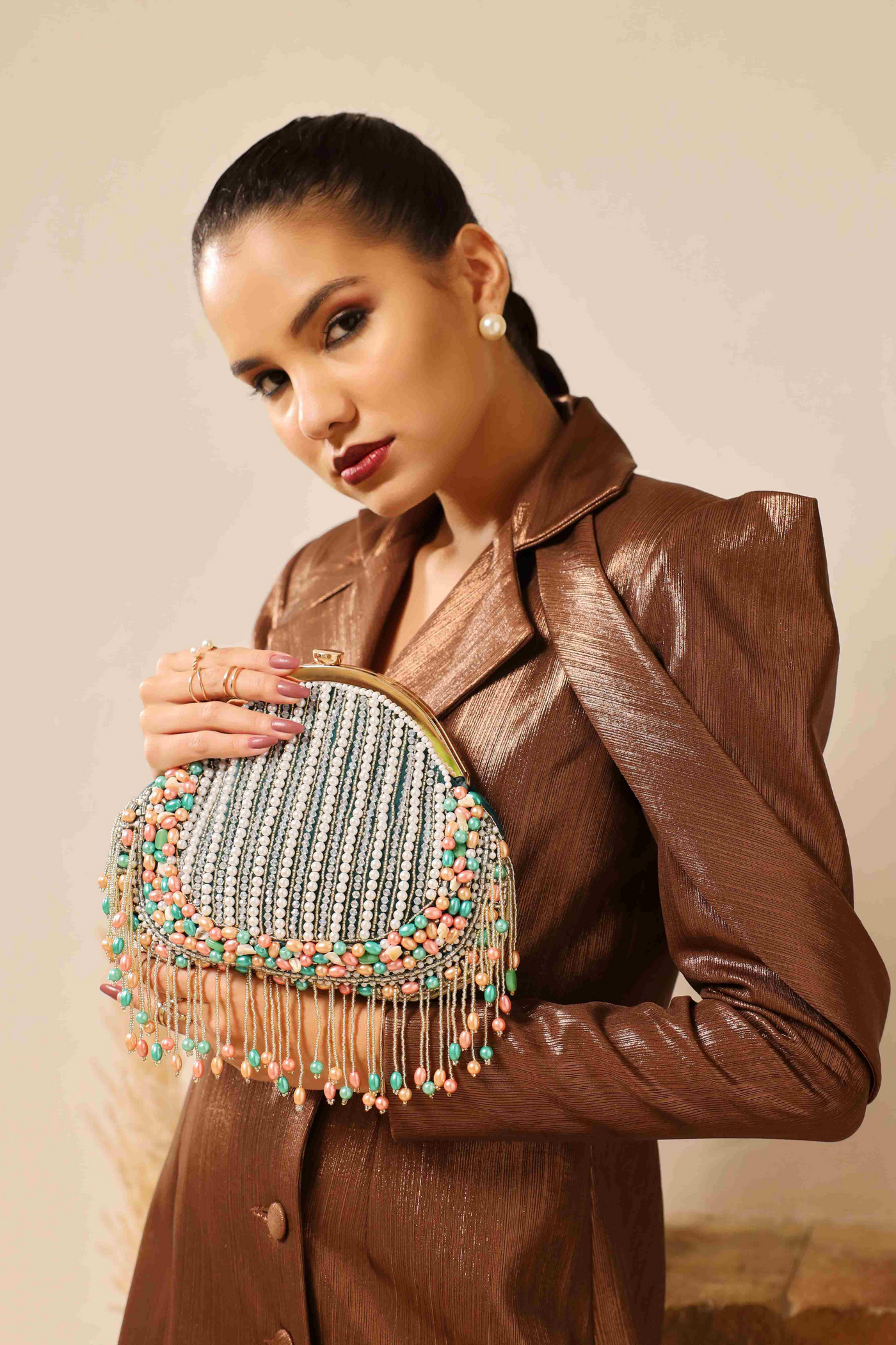 The Tan Clan Sona Pearl Tasselled Batua with Detachable Handle Green Online Shopping Melange Singapore Potli Gifting