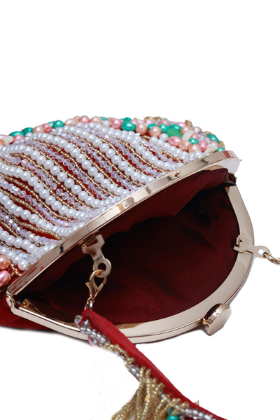 The Tan Clan Sona Pearl Tasselled Batua with Detachable Handle Red Potli Gifting Melange Singapore Womenswear Indian Designer Wear Online Shopping