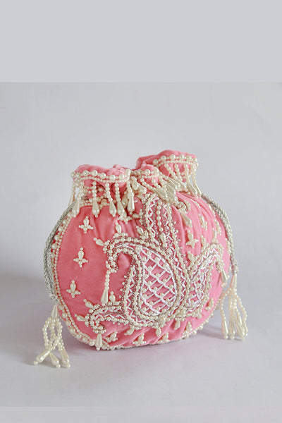 The Tan Clan Sukoon Pink Hand Embroidered Potli With Pearl Handle indian designer wear online shopping melange singapore