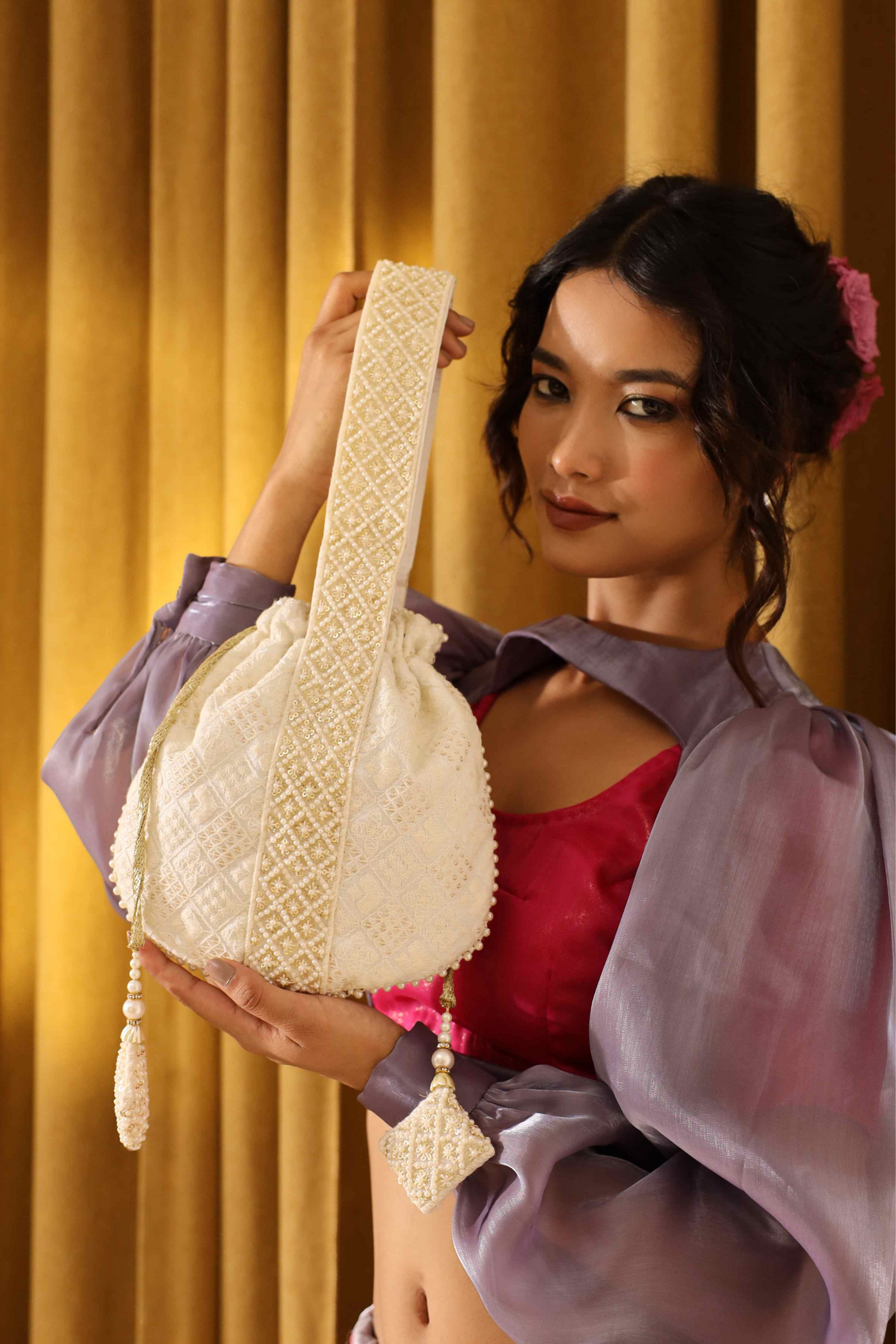 The Tan Clan Taj Embroidered Potli Bag with Handle White Indian Designer Wear Melange Singapore Online Shopping Womenswear Gifting