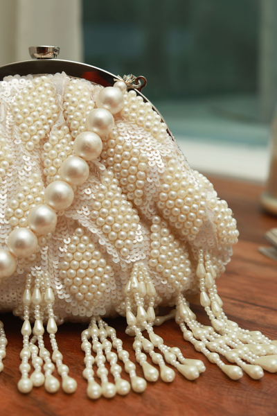 The Tan Clan Tara Pearl Tasselled Batua with Detachable Handle White Womenswear Online Shopping Melange Singapore Gifting Potlis